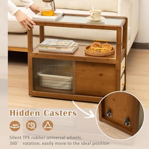 SOBIBO Bamboo Side Table Nightstand with Rattan Drawer & Glass Top – Multi-Function End Table, Nightstands with Storage for Bedroom, Living Room, and Small Spaces, Walnut - Thumbnail 5