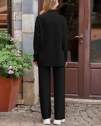 dowerme Women Spring 2 Piece Outfits 2026 Winter High Neck Sweater Sets Drawstring Wide Leg Pant Chunky Knit Lounge Set(Black,Small) - Thumbnail 5