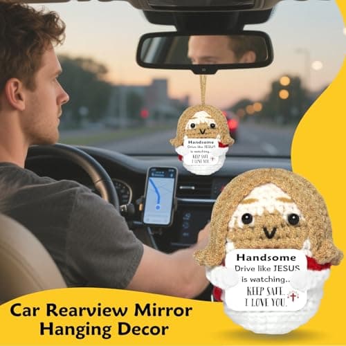 Easter Basket Stuffers for Men Driver: Crochet Little Jesus Christian Gifts Handmade Car Decors with 'Keep Safe' Cards Rearview Mirror Hanging Accessories, Catholic Religious Husband Him Gift Ideas - Thumbnail 3