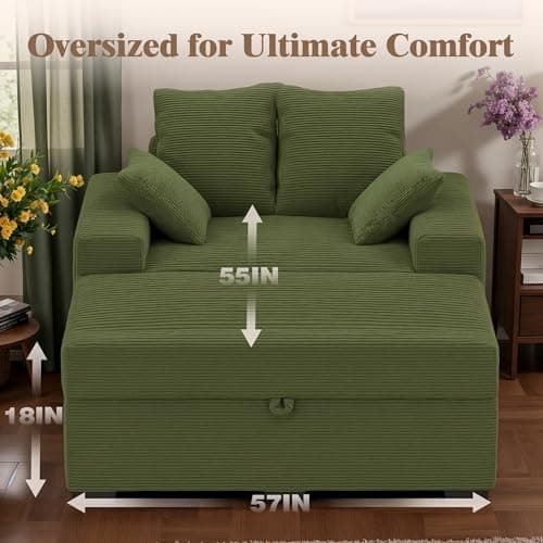 Indoor Chaise Lounge Chair with Storage Ottoman, Modern 60-Inch Lounge Sofa Chair with Wide Armrests & 4 Pillows, Oversized Comfy Reading Lounger for Living Room, Bedroom（Medium-Rib Corduroy Green） - Thumbnail 5