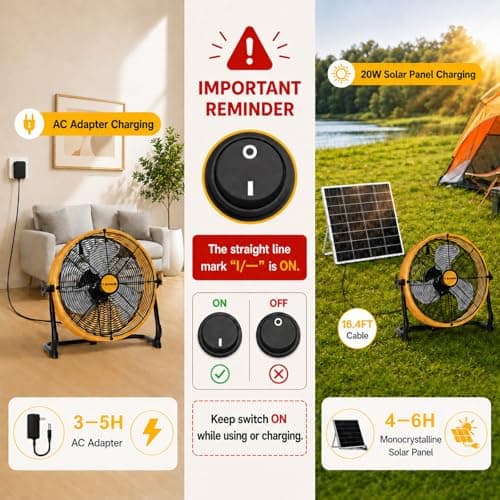 T-SUNUS 12" Solar Powered Fan, 13200mAh Rechargeable Fan with 20W Panel, 1500 CFM Battery Powered Metal Floor Fan, 4.5–27H Runtime, USB Output, 360° Tilt for Camping, RV, Patio, Garage, Power Outage - Thumbnail 3