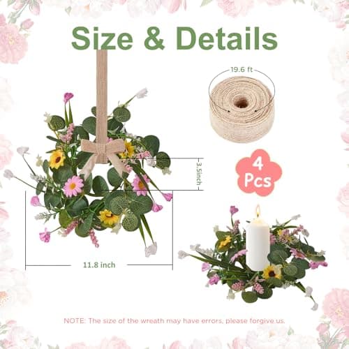 11.8 Inch Spring Summer Wreath, 4 Pcs Small Wreath Decorations with Daisy & Eucalyptus Leaves & Grass for Home, Door, Porch, Table, Candle Rings, Wall, Window, Cabinets（4, Spring Summer Wreath - Thumbnail 2