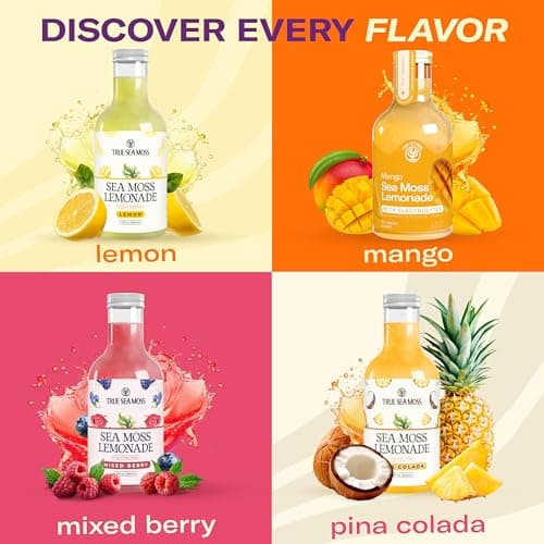 Sea Moss Lemonade Variety Pack – 4 Flavors Sampler: Lemon, Mango with electrolyte, Berry, Pina Colada – Vegan Hydration Drink – 4 x 12 fl oz Bottles – Made in USA - Thumbnail 5