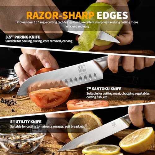 HAOCHUYI Premium Quality 14-Piece Knife Set with Block, Professional Chef Knife Set - Ultra-Sharp Kitchen Knives with Ergonomic Wood Handle, Ideal for Home, Outdoor, Camping, BBQ, and Gifts for Men - Thumbnail 6