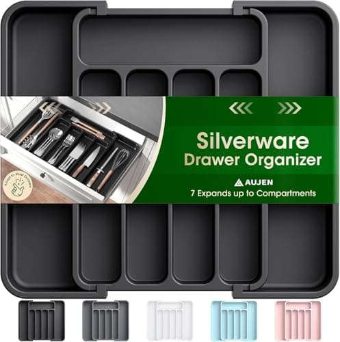 Aujen Silverware Organizer - Expandable Kitchen Drawer Organizer, Adjustable Utensil Organizer, Cutlery Tray for Forks, Knives, Multipurpose Kitchen Organizers and Storage Solution, Black, Medium - Image 1