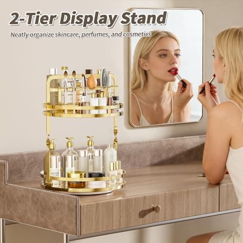 360° Rotating Makeup Organizer, 2-Tier Gold Perfume Organizer for Dresser, Bathroom Organizers Countertop, Perfume Shelf with Makeup Brush Holder, Skincare Holder Cosmetic Display(Gold) - Thumbnail 2