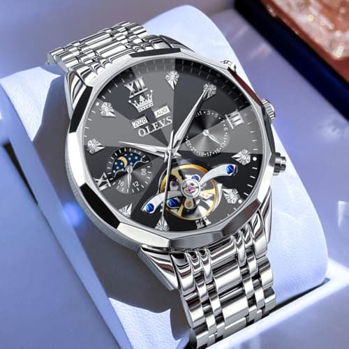 OLEVS Mens Watches Black Automatic Waterproof Watch for Men Luxury Dress Silver Stainless Steel Self Winding Men's Wrist Watches Mechanical Fashion Big Face Diamond Mens Watch Relojes para Hombres - Thumbnail 2