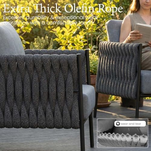 LayinSun 4 Piece Outdoor Furniture Set with Fire Pit Table, Modern Rope Woven Patio Conversation Sofa Set with Olefin Braid and Deep Seating - Thumbnail 5