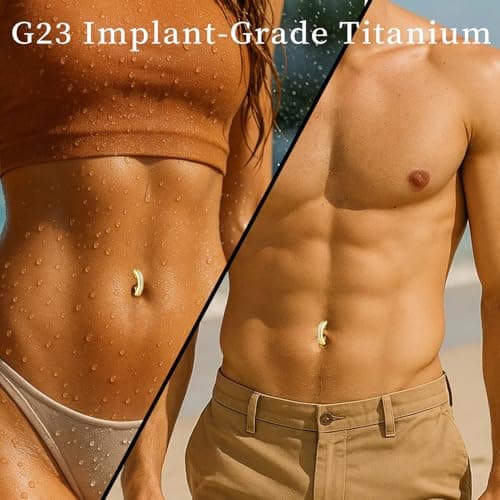 hooppoo 2-Piece Moissanite Belly Ring Set, Hypoallergenic Titanium Clicker with 14K Gold Plating - 10mm & 12mm Simple Reverse Navel Piercing Jewelry for Women, Men & Sensitive Skin (Gold) - Thumbnail 2