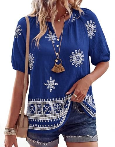 BTFBM Womens Summer Boho Tops Casual V Neck Short Sleeve Blouses Floral Print Shirt Tie Front Beach Vacation Fashion Clothing(Floral Royal Blue White, Small) - Image 1
