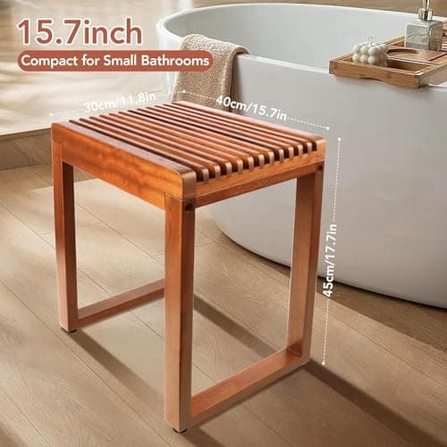 RUIERS Compact Teak Shower Bench 15.7” – Heavy Duty 500 lbs, Waterproof Bath Stool for Small Walk-in Shower, Elderly & Disabled Safe Shower Seat - Thumbnail 3