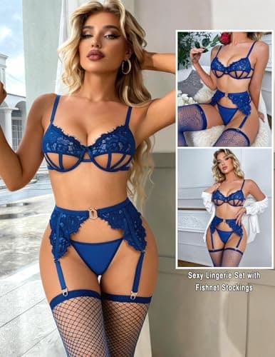 Avidlove Sexy Garter Lingerie Sets for Women with Stockings Blue Lace Bra Panty Set Cut Out Underwire Lingerie - Thumbnail 2