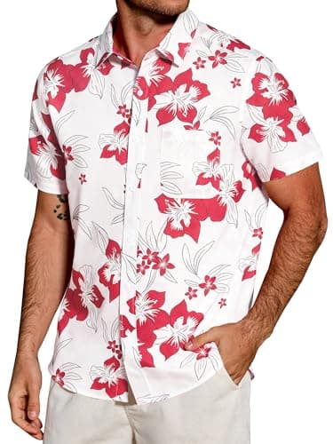 JEMLDL Men's Hawaiian Short Sleeve Button Down Shirt Wrinkle-Free Lightweight Clothing White Hibiscus Beach Casual White Red Flower 2X-Large - Image 1