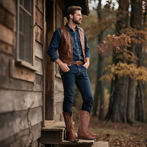 Tarkwa Cowboy Boots for Men, Western Men's Boots, Slip on Square Toe Boots, Slip Resistant Country Boots, Chunky Heel Ankle, Durable Short Boots for Spring Fall, Brown Szie 11 - Thumbnail 3