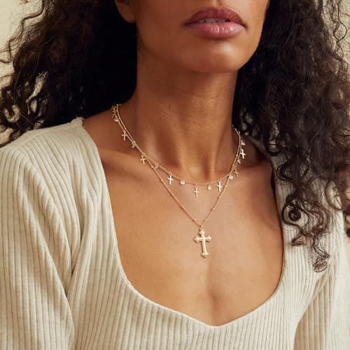 MTMY Gold Choker Necklace for Women 14K Gold Plated Cubic Zirconia Cross Heart Shell Teardrop Charm Station Choker Necklace Dainty CZ Chain Necklaces for Women Summer Jewelry Gifts(Cross) - Thumbnail 3