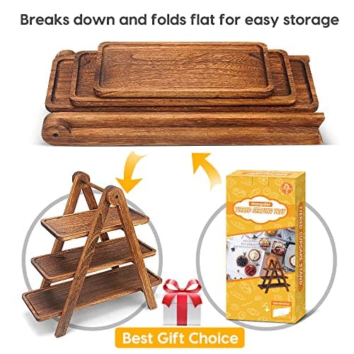 Manspdier Wood 3 Tier Serving Tray Three Tiered Cupcake Stand, Rectangle Serving Platter Wooden Farmhouse Tiered Tray, Party Serving Brown Decorative Tray Decor - Thumbnail 5