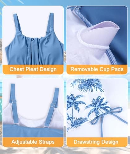 MFAVIP Girls Swimsuit 2-Piece Tankini Bathing Suits with Printed Drawstring Shorts, Swimwear Set for Ages 7-16 - Thumbnail 3