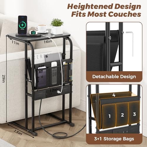 Olldide C Shaped End Table with Charging Station, Side Table for Living Room Bedroom, Slide Under Couch Sofa TV Trays Desk, Small Narrow Space Applicable, Black - Thumbnail 2