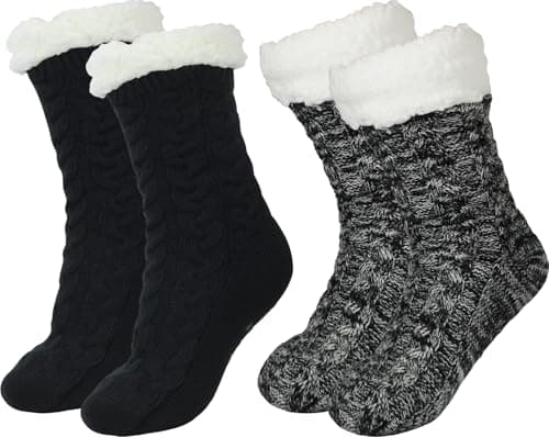 BenSorts Winter Thick Slipper Socks for Women Holiday Gift Winter Warm Cozy Soft Fleece House Sherpa Socks Slipper Non Skid with Grippers Black White 2 Pairs - Image 1