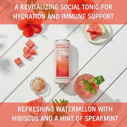 NA Beverage Social Tonic, Non-Alcoholic Functional Mocktails with Sea Salt for Hydration, Mushrooms & L-Theanine, Adaptogen Drink, Hibiscus Watermelon,12oz Cans (12 Pack) - Thumbnail 4
