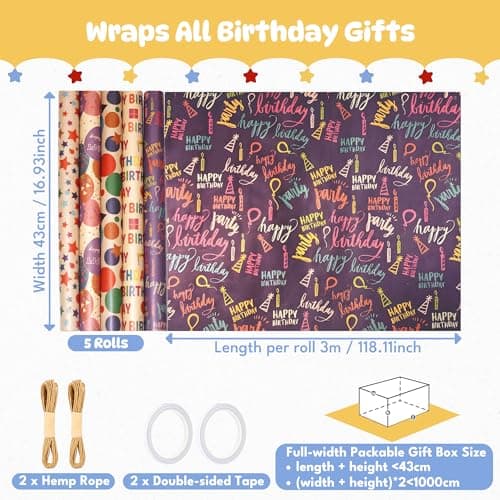 Homelyhi 5 Rolls Birthday Wrapping Paper, Five Cartoon Kraft Gift Wrap for Birthday Party Holiday Baby Shower, Recyclable Wrapping Paper Girl Boy Kids Adult, 17 Inch x 9.8 Feet - Thumbnail 3
