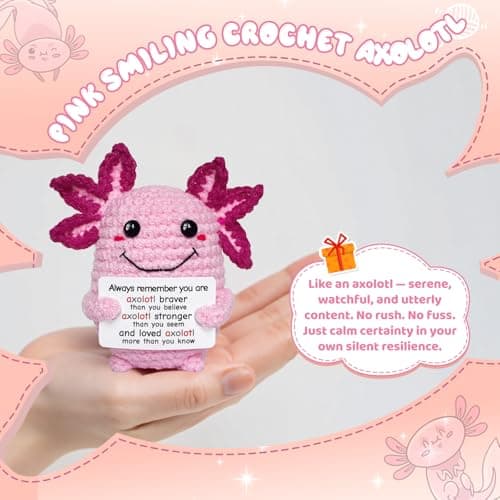 Roqei Mini Crochet Axolotl with Positive Message Card Handmade Motivational Gift for Women Men Teen Birthday Valentines Gifts, Easter Basket Stuffers(Love) - Thumbnail 2