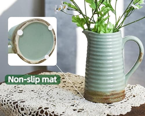 Quoowiit Ceramic Rustic Vase with Handle, Green Distressed Decorative Farmhouse Pitcher Vase for Home Decor Living Room Bedroom Kitchen Office Shelf Decor Centerpiece Table Decoration - Thumbnail 4