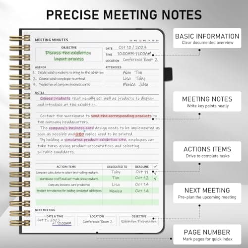 WEMATE 5 Pack Meeting Notebooks for Work（7"x10"） 200 Pages, PU Leather Notebook with Action Items & Note, For Staff & Students, Meeting, Projects Planning- Black, Blue, Green, Olive Green, Dark Blue - Thumbnail 3