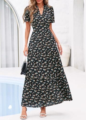 KIRUNDO Womens Summer Floral Maxi Dress Short Sleeve V Neck Boho Long Flowy Casual A Line Dresses 2026 Beach Vacation Outfits(Black Yellow Flower, Small) - Thumbnail 2