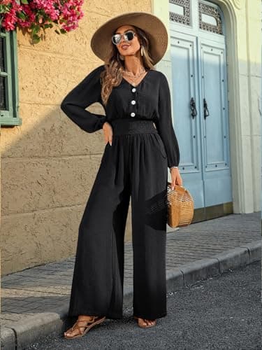 LOOKBOHO Long Sleeve Jumpsuits for Women 2026 Fall Dressy Casual V Neck High Waist One Piece Wide Leg Romper With Pockets Black X-Large - Thumbnail 2