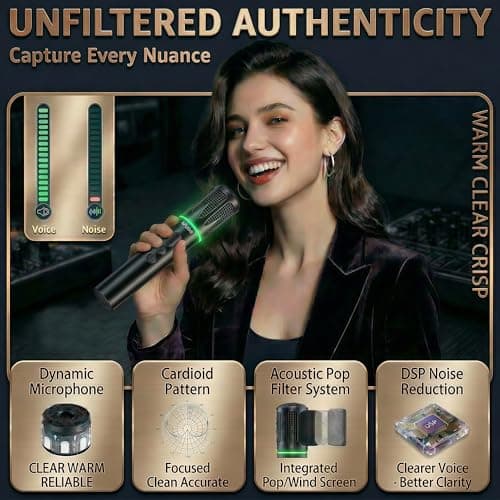 AFUOO Rechargeable Wireless Microphones & Bluetooth Dual-Mics Receiver for Karaoke, Singing, Speech, DJ, 24H Battery, 200ft, RGB Light, Wireless Microphone Set for Mic/Aux/USB Port (Dual Mic, Black) - Thumbnail 2