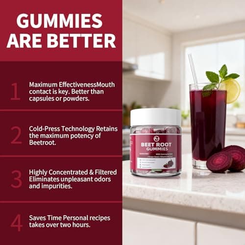 M inch Beet Root Gummies, Blood* Pressure Support & Nitric Oxide Booster, 8-in-1 Wellness Formula with Grape Seed, Coq10, Folic Acid, Vitamin C, B3 & B12, Sugar Free, Vegan, Pomegranate Flavor, 2 Pack - Thumbnail 5