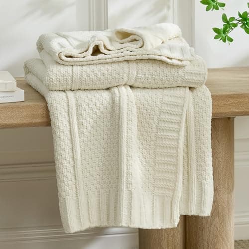 Amélie Home UltraChunky Chenille Throw Blanket, Soft Moss Stitch Knit Blanket for Couch, Sofa, Chair, Home Decor, Ivory 50"x60"