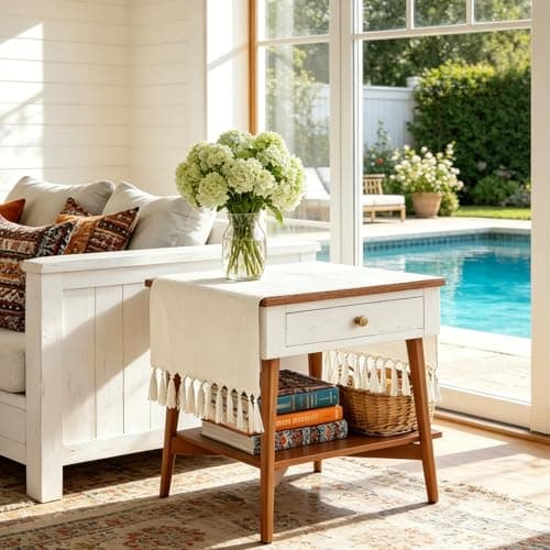 yuboo 36 Inches Boho Nightstand Dresser Cover Top for Bedroom, Short Cream Small Farmhouse Coffee Table Runner , Rustic Table Cover for Bedside Table, End Table, Nightstands, TV, Spring Table Decor - Thumbnail 6