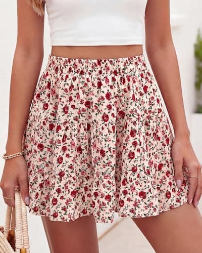 BTFBM Summer Skirts for Women 2026 Floral High Waist Shorts Underneath Boho Tiered Flowy Tennis Skorts Casual Mini Skirt(Floral Apricot Red, Small) - Thumbnail 5