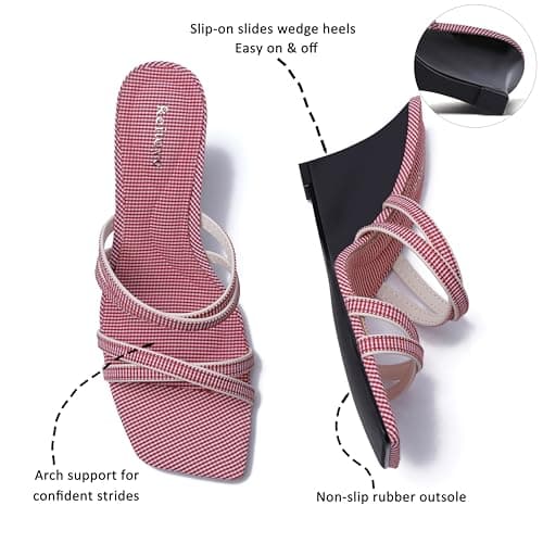 Reitoye Women's Wedge Red Fabric Sandals Square Open Toe Slides Wedge Sandals Heels Slip On Wedge Heeled Sandals Shoes Size 6.5 - Thumbnail 4