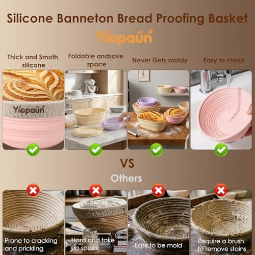 Yiopaun Silicone Banneton Bread Proofing Baskets, Sourdough Starter Kit Baking Supplies - 5'' and 9" Round, 10" Oval Foldable Non-Stick Dough Proofing Bowl Containers Sets Gifts - Thumbnail 2