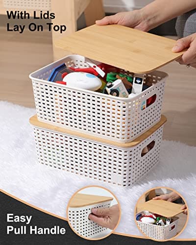 EOENVIVS Plastic Storage Baskets with Bamboo Lids for Pantry Organization and Storage Containers Bins for Shelves Drawers Desktop Closet Playroom Classroom Office Home, 6 Pack,White - Thumbnail 5