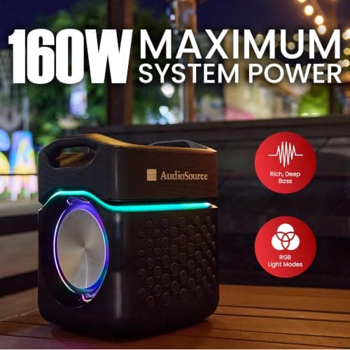 AudioSource 2.1 Channel Party Speaker with Built-in Subwoofer, 160W, RGB Light Modes, Portable Outdoor Karaoke Speaker, Bluetooth 5.3, Dual Mic Inputs, Ultra Bass Boost, Matte Black, AP40 - Thumbnail 5