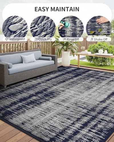 MontVoo Outdoor Rug Waterproof 6x9 ft Outdoor Carpet Patio Rug Mat Reversible RV Camping Rug Plastic Straw Outside Rug for Balcony Porch Deck Picnic Beach Modern Navy - Thumbnail 6