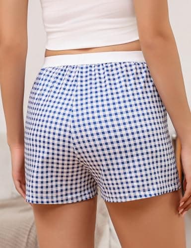 Frcdaunrs Sleep Shorts for Women Gingham Shorts Summer Casual Button Front Boxers Y2k Plaid Pajama Bottoms Blue Plaid L - Thumbnail 3