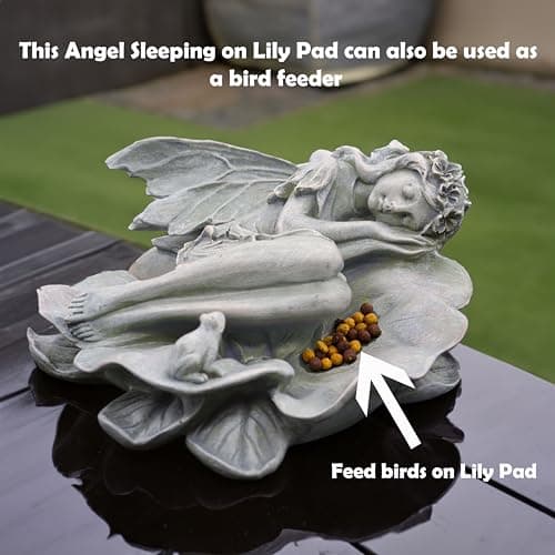 hvfun Garden Fairy Statue,Garden Sleeping Angel on Lotus Leaf with Bird Feeder Feature Outdoor Decor Sculptures Figurine Gardening Lawn - Thumbnail 4