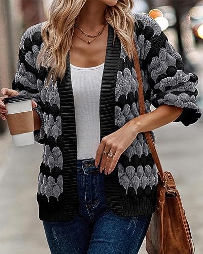 KIRUNDO Cardigan for Women Fall Lantern Sleeve Color Block Striped Cable Knitted Cardigan Casual Loose Open Sweater Jacket Winter Coat(Grey, Medium) - Thumbnail 6