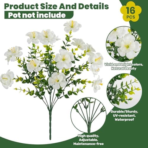 Lnoicy 16 Bundles Realistic Artificial Camellia Flowers for Outdoor, UV Resistant Faux Lifelike Fake Flowers for Home Decor, Wedding, Centerpiece（White） - Thumbnail 3