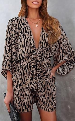 PRETTYGARDEN Women's Rompers And Jumpsuits Deep V-Neck Tie Sexy Rompers Summer Casual Oversized One Piece Jumpsuit Shorts (Brown, Small) - Thumbnail 3