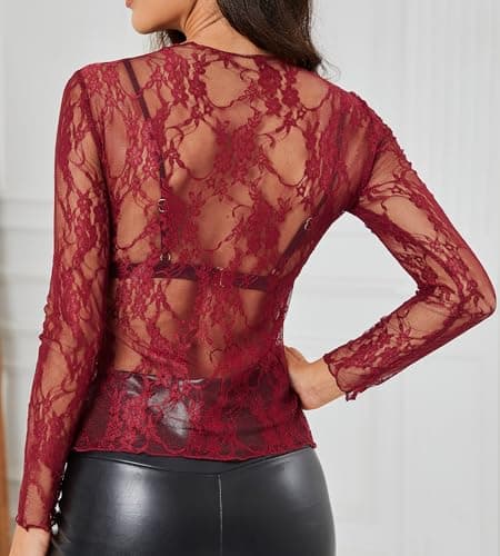Enyprok Women's Mesh Top Long Sleeve Mock Neck Sheer Blouse See Through Floral Lace Tops Wine Red Medium - Thumbnail 2