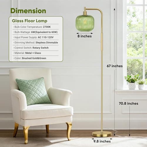 QiMH Glass Floor Lamp for Living Room, Modern Standing Lamp with Green Ribbed Glass Lampshade, Stepless Dimmable Rotary Switch, 67” Tall Lamp for Bedroom Home Decor, Brushed Gold - Thumbnail 4