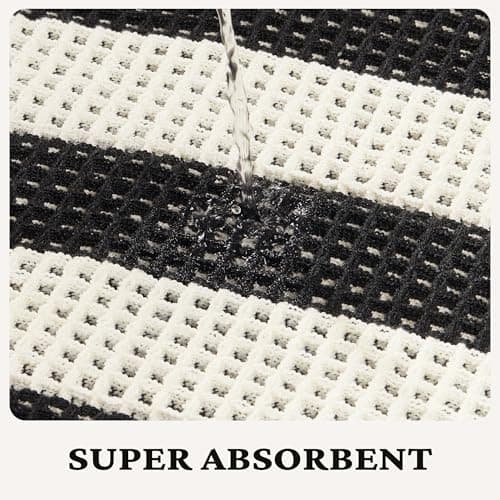 MatEssenz 2x4ft Waffle Bath Mat, Water Absorbing Bath Mat Nonslip Fast Drying Soft Foot Feeling Long Bathroom Rug for Bathroom, Machine Washable Runner Rug withTassels, Black and White Stripes - Thumbnail 5