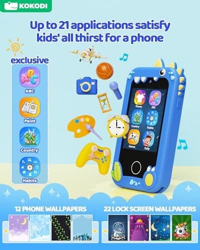 KOKODI Kids Smart Phone Toys, Birthday Gifts Idea Dinosaur Toys for 3 4 5 6 7 8 Year Old Boys, Touchscreen HD Digital Dual Video Camera, Preschool Learning Toy for Kids 3-5 Travel Trip Activity (Blue) - Thumbnail 6