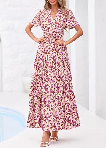 KIRUNDO Womens Summer Floral Maxi Dress Short Sleeve V Neck Boho Long Flowy Casual A Line Dresses 2026 Beach Vacation Outfits(Purple Flower, Medium) - Thumbnail 6